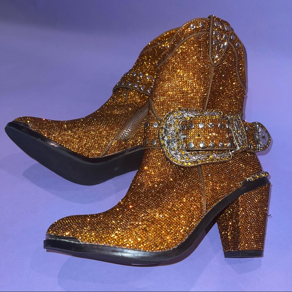 Dark orange/light brown rhinestone cowboy boots.